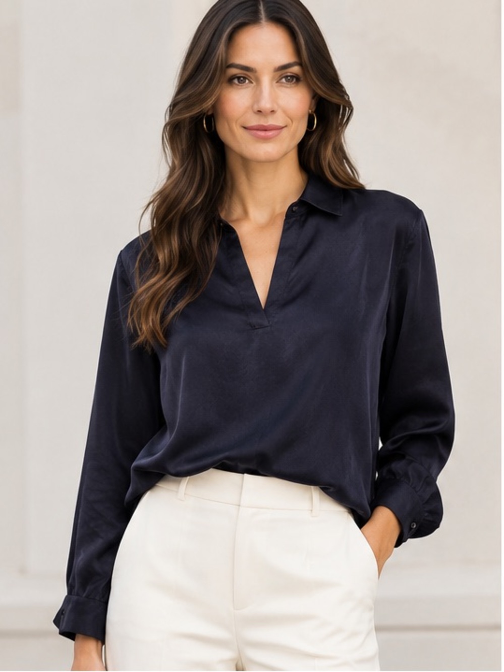 Zara Navy Satin V-Neck Collared Blouse